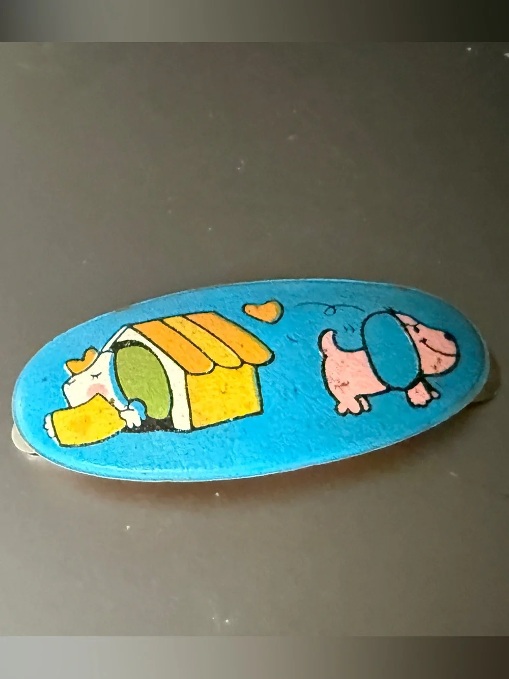 Vintage 70s Cute Cartoon Dog & Doghouse Blue Flexible Cover Hair Barrette Clip